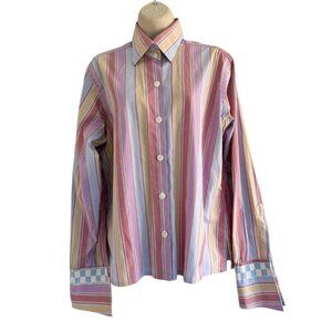 Liz Logie Womens Sz 14 Pink Blue Striped & Checkered Button Up Shirt Flip Cuffs